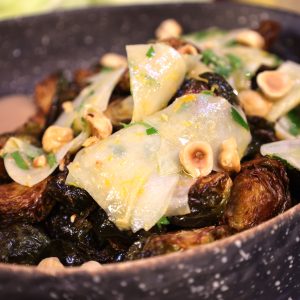 Deep-fried Brussel Sprouts with Hazelnut Mayo, Pickled Kohlrabi and Roasted Hazelnuts