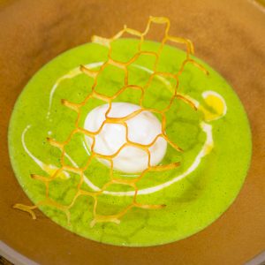 Watercress Soup with Potato Crisp and Soft Boiled Egg